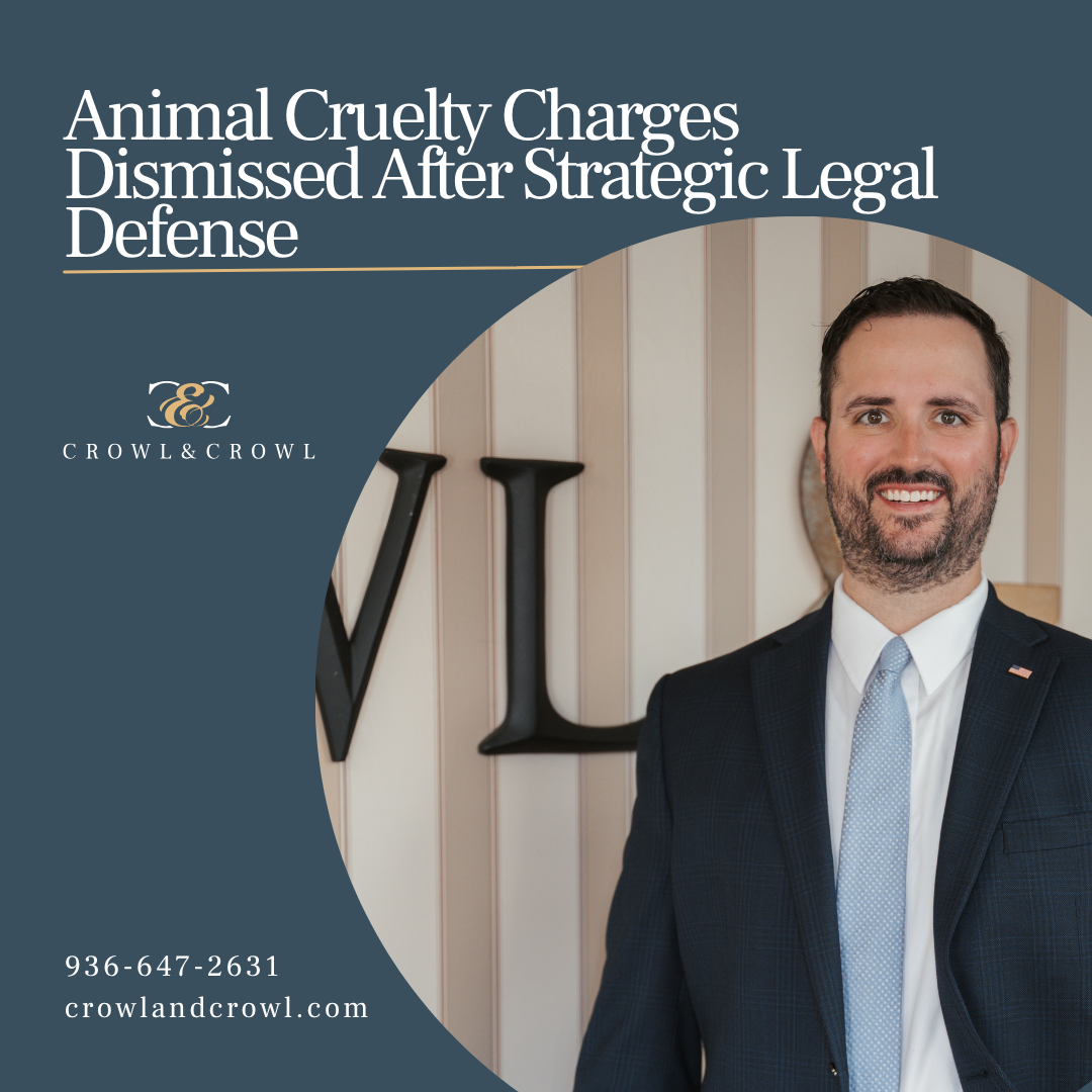 Promotional banner for Crowl & Crowl: headline about animal cruelty charges being dismissed, with a photo of a smiling attorney and contact info on a dark blue background.