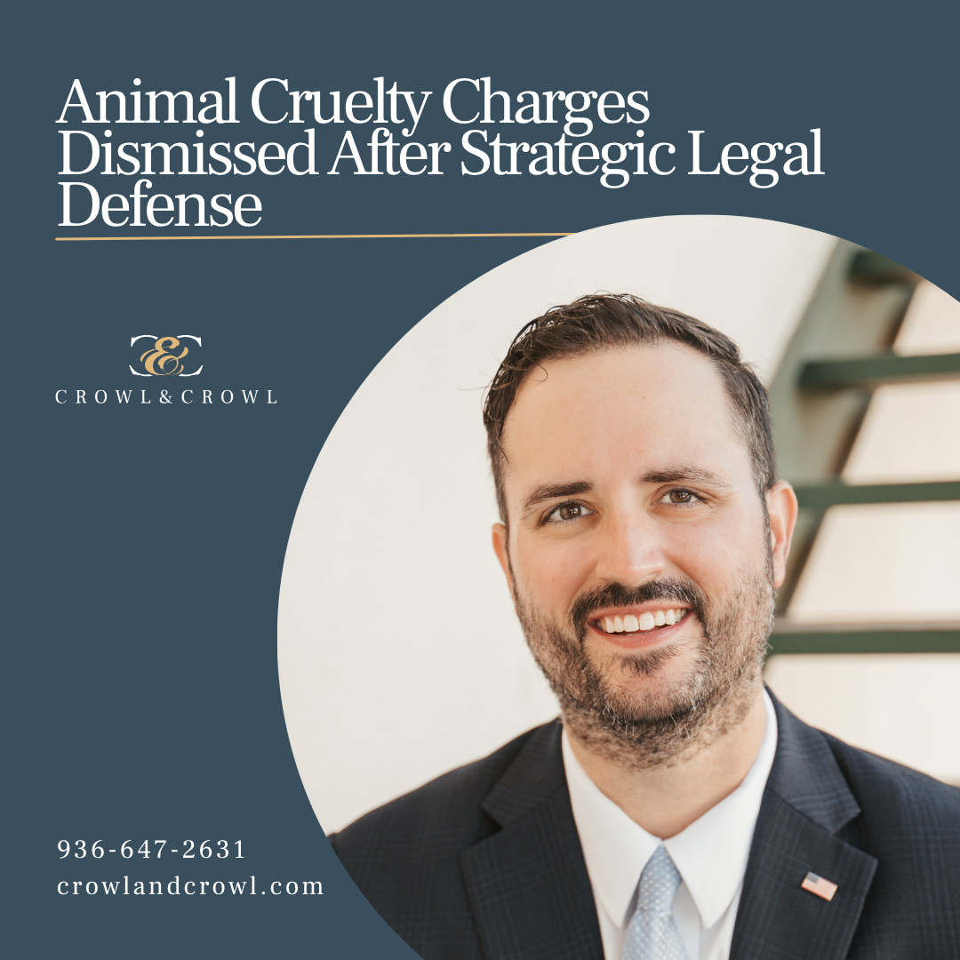 Promotional banner for Crowl & Crowl: headline about animal cruelty charges being dismissed, with a photo of a smiling attorney and contact info on a dark blue background.