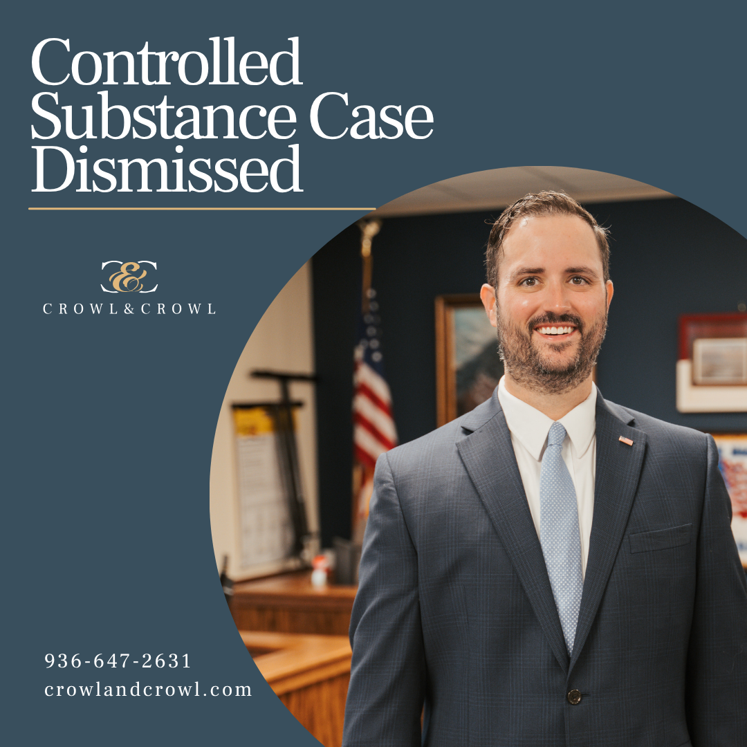 Case 1 Dismissed Attorney Kyle Crowl standing in front of a dark background with the text "Controlled Substance Case Dismissed," highlighting a successful criminal defense case result.
