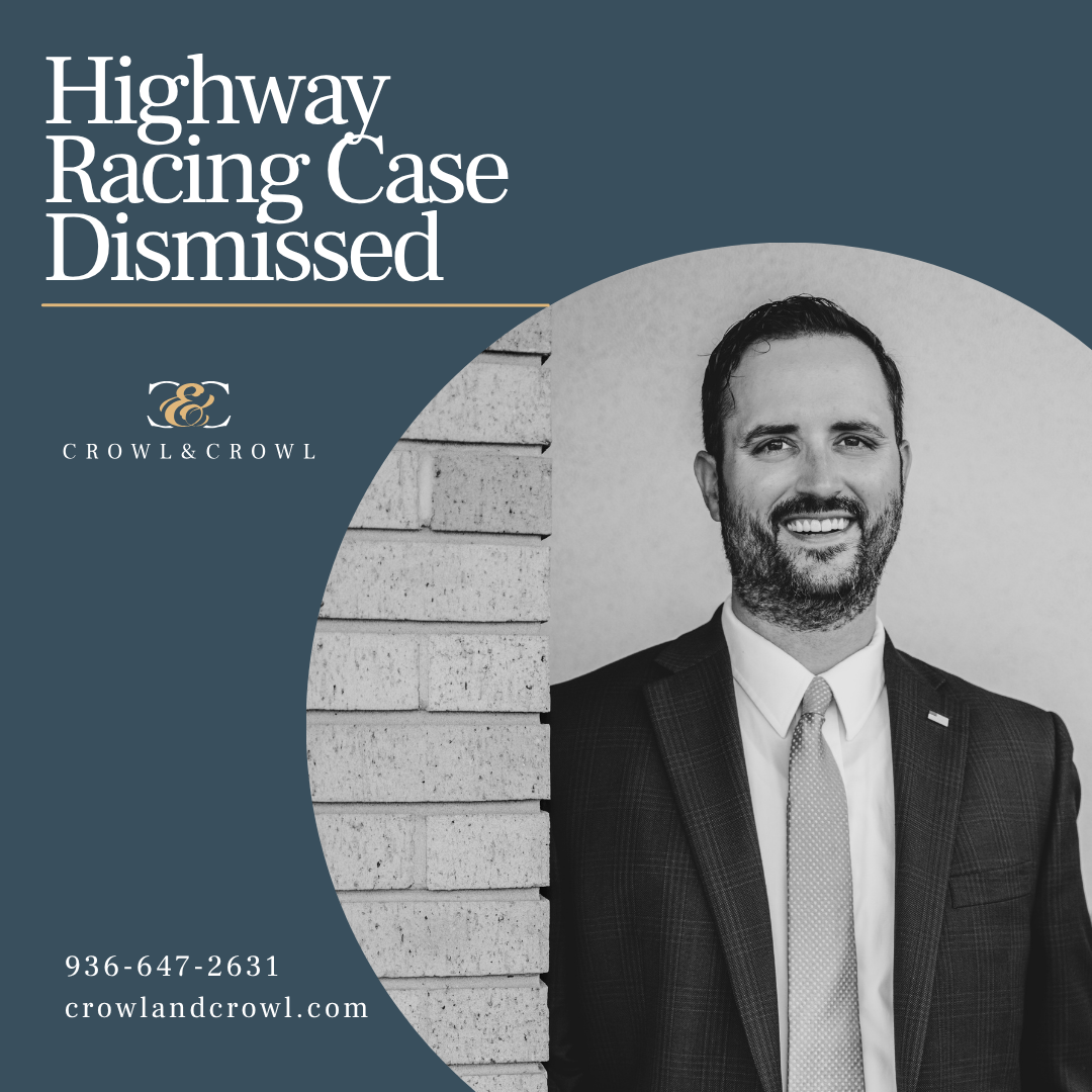 Attorney Kyle Crowl standing in front of a dark background with the text "Highway Racing Case Dismissed" highlighting a successful criminal defense case result.